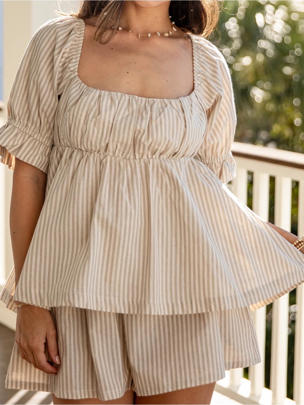Striped Square Neck Peplum Top & Shorts Set - Beige Stripe
